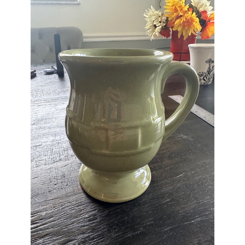 Longaberger Woven Traditions Sage Green 16 Oz Pedestal Latte Mug Pottery USA EUC